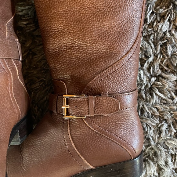 TORY BURCH ADELINE 21MM ALMOND BROWN TUMBLED LEATHER RIDING BOOTS W7 - Picture 10 of 14
